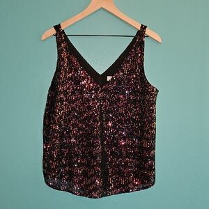 LOFT Sparkling Sequin Black and Pink Tank Top